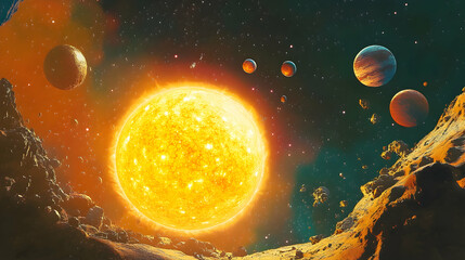 Wall Mural - artistic view of the solar system with planets orbiting a glowing sun, showcasing vibrant textures a