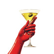 © AZ Studio - Bright red gloved hand holds a martini glass with olive