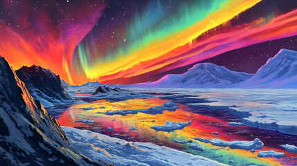 Wall Mural - depiction of aurora borealis over an icy tundra landscape, with vibrant glowing colors reflecting on