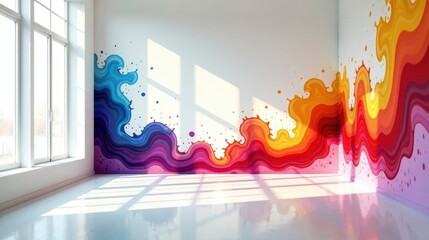Wall Mural - bright, colorful abstract mural in a sunlit room with white walls and floor