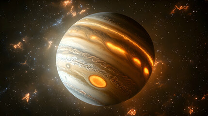 Wall Mural - detailed rendering of jupiter with its iconic swirling clouds and glowing atmospheric bands in a cos
