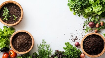 Wall Mural - Fresh herbs and vegetables in pots arranged on a white surface with scattered soil and greenery