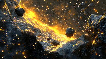Wall Mural - digital 3d illustration of an asteroid belt in deep space with detailed rocky textures and glowing c