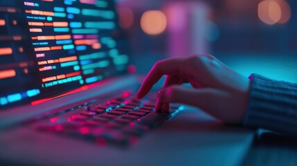 Close-Up of Finger Typing on Laptop Keyboard with Colorful Code Display in Background at Night