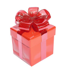 Wall Mural - Bright red gift box adorned with a glossy ribbon and bow