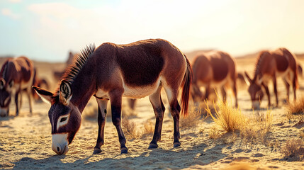 Herd of wild donkeys grazing in a desert landscape under warm natural light with detailed textures on the sand and their fur