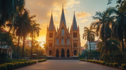 Poster - Sunset view of a grand Gothic-style church surrounded by palm trees.