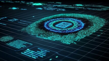Artistic depiction of an eye with holographic digital code overlays glowing in shades of neon blue and green