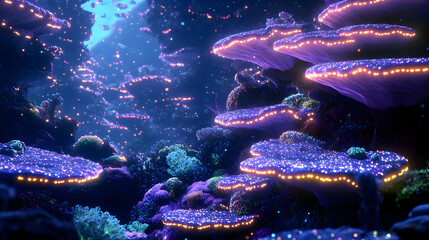 Canvas Print - underwater scene with detailed coral structures and glowing plankton, showcasing vibrant marine biod