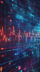 Fototapete - Digital red wave streaming across blue glowing interface, displaying data analysis, processing, visualization concept