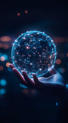 Aufkleber - Hand holding a futuristic planet Earth with network connections, symbolizing global communication and technology