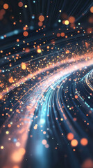 Fototapete - Glowing blue and orange particles flowing along light trails creating a futuristic data transfer visualization