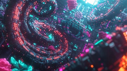 A high-tech eye surrounded by dynamic and colorful data streams intertwined with digital coding elements