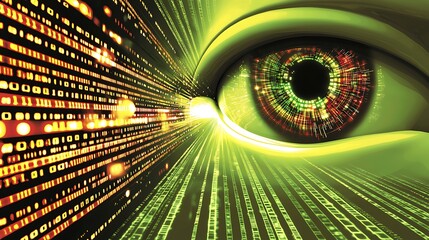 A high-tech eye surrounded by dynamic and colorful data streams intertwined with digital coding elements