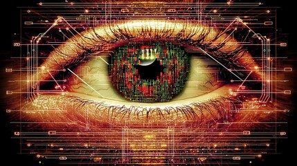 Abstract concept of an eye surrounded by neon multicolor data streams and digital code symbols