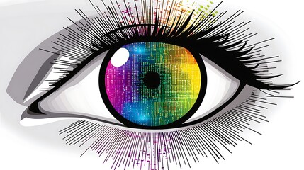 Artistic interpretation of an eye with vibrant multicolor data streams and digital code swirls radiating from it
