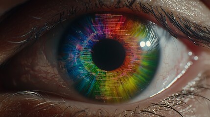 Artistic interpretation of an eye with vibrant multicolor data streams and digital code swirls radiating from it