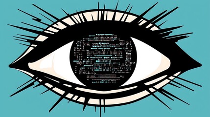 Artistic interpretation of an eye with vibrant multicolor data streams and digital code swirls radiating from it