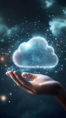 Aufkleber - Hand representing cloud computing, data networking, digital transformation linking global technological infrastructure
