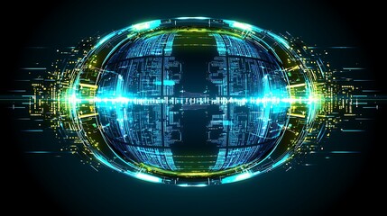 A high-tech eye with vibrant holographic data structures, lines of code, and digital elements reflecting on its surface