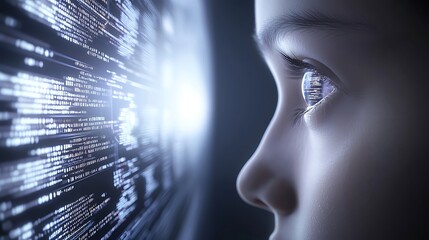 Artistic close-up of a futuristic eye reflecting glowing holographic code structures and intricate digital data patterns