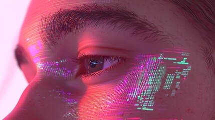 Eye surrounded by holographic data grids, vibrant digital code lines, and futuristic coding patterns reflected in its surface