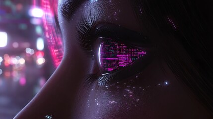 Eye surrounded by holographic data grids, vibrant digital code lines, and futuristic coding patterns reflected in its surface