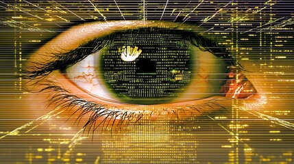 Eye surrounded by holographic data grids, vibrant digital code lines, and futuristic coding patterns reflected in its surface