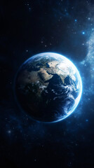 Poster - Spinning planet revealing illuminated landmasses, dark oceanic surfaces, amid starry cosmic backdrop of infinite space