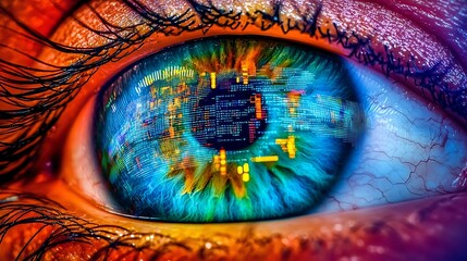 Eye surrounded by holographic data grids, vibrant digital code lines, and futuristic coding patterns reflected in its surface