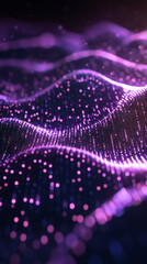 Poster - Abstract purple digital wave particles flowing on black background representing futuristic technology and data flow
