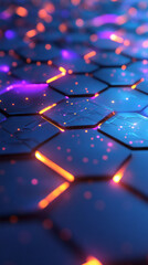 Fototapete - Hexagonal grid illuminating geometric surface with vibrant orange-purple neon glow, representing futuristic technological design