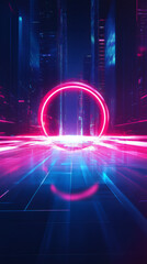 Aufkleber - Pink neon light forming a circular portal in futuristic city with skyscrapers and glowing lines, perfect for technology and innovation concepts