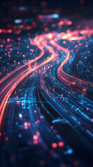Fototapete - Digital data streaming through luminous circuit board lines, representing technological innovation and big data transmission