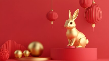 Canvas Print - Golden rabbit figurine with red lanterns on red background.