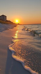 Wall Mural - Sunset on a sandy beach with gentle waves.