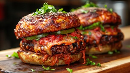 Wall Mural - Delicious eggplant parmesan casserole with fresh herbs in a rustic setting