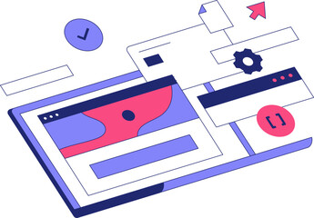 Web Design Interface With Tools And Gears In Flat Vector Illustration Symbolizing Development, Creative Design, And Digital Solutions, Isolated On White Background.