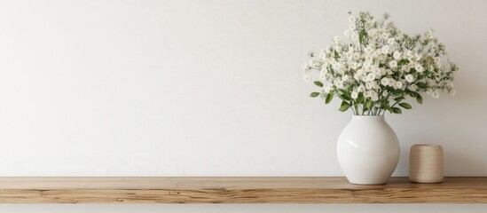 Wall Mural - Elegant white flower vase filled with white blooms resting on a rustic wooden shelf against a soft white background, ideal for mockup and design concepts.