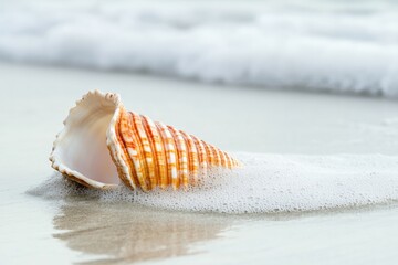 Wall Mural - seashell partially buried in wet sand, with gentle waves lapping