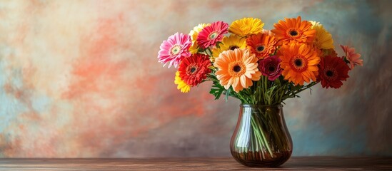 Wall Mural - Vibrant Mixed Flowers in Glass Vase on Wooden Table Indoors with Soft Colorful Pastel Background and Empty Space for Copy Text