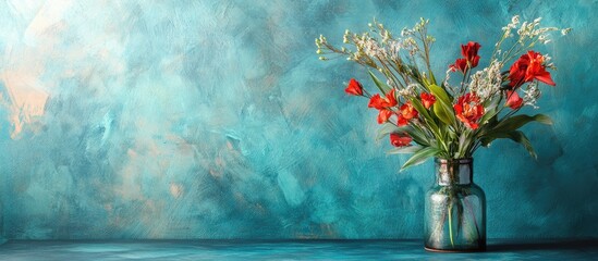 Wall Mural - Vibrant Red Flowers in Glass Vase on Wooden Table Against Soft Turquoise Background with Copy Space for Text