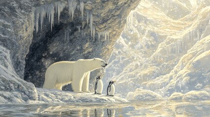 Sticker - Polar bear and penguins in an icy cave. Sunlight streams into the cave, illuminating the snow-covered landscape and the animals.