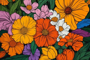 Wall Mural - A flower bouquet with thick black outlines and vibrant, clashing colors