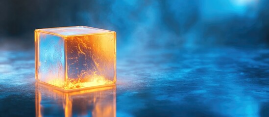 Wall Mural - amber energy cube on reflective surface with blue color spectrum background and copy space for text,