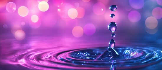 Wall Mural - vibrant neon particles cascading on a reflective water droplet surface with a blurred purple and pin