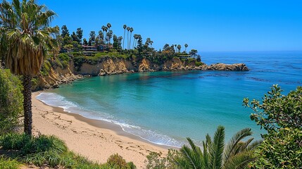 Sticker - Secluded cove beach with turquoise water, sandy shore, palm trees, and cliffside homes under a sunny sky.