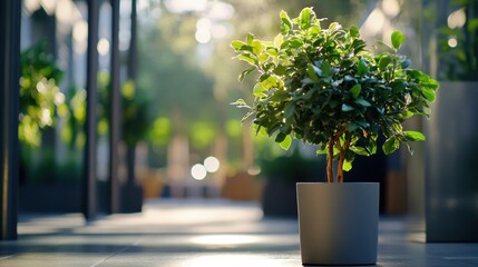 Wall Mural - Potted green plant bathed in sunlight with bokeh background enhancing urban outdoor space