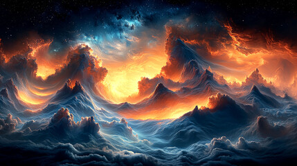 Wall Mural - Fiery Cosmic Landscape: A Surreal Digital Painting of Dreamlike Mountains and Celestial Fire