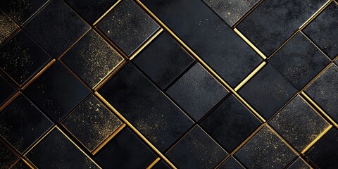 Wall Mural - Elegant black mosaic tile background featuring rich golden accents across a diagonal grid with ample negative space for text insertion.